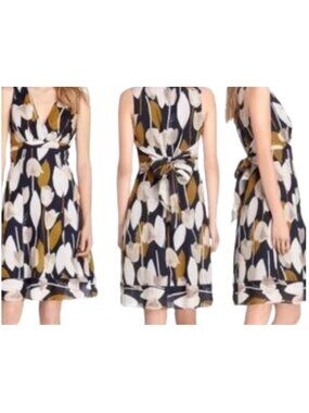 NWT Tory Burch Tulip Print Dress Navy Floral Sleeveless V-Neck Sash Tie Derby